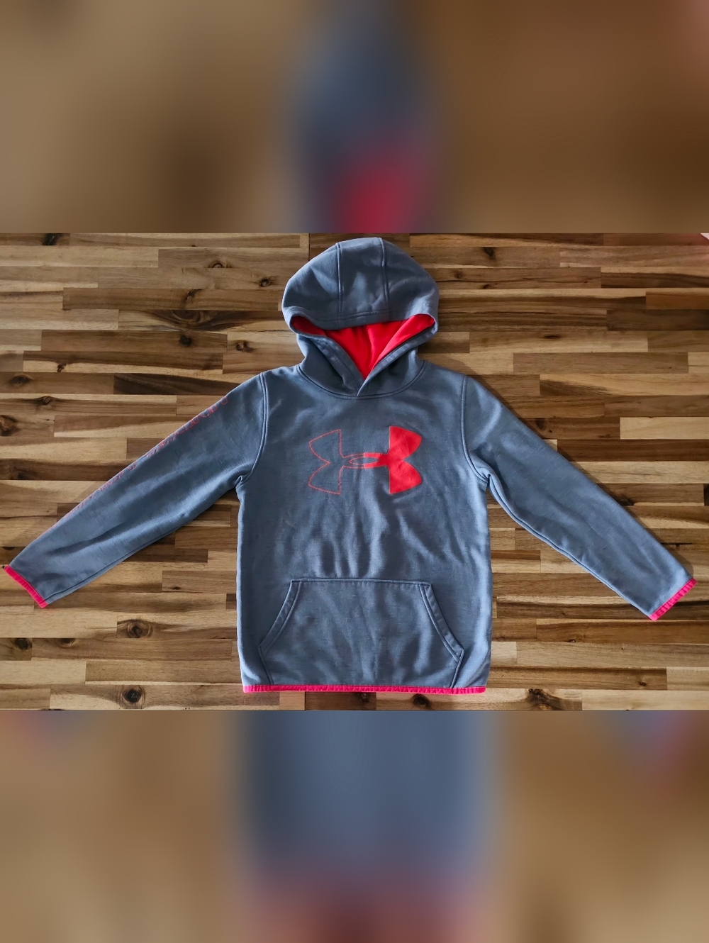 Under Armour Youth Gray Hoodie with Coral Logo & Lined Hood
